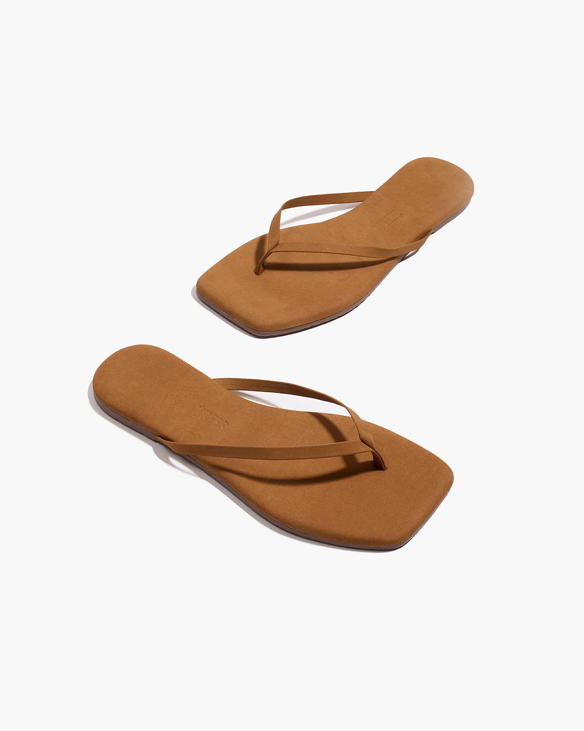 Square Toe Lily Suede Flip Flops in Camel - TKEES