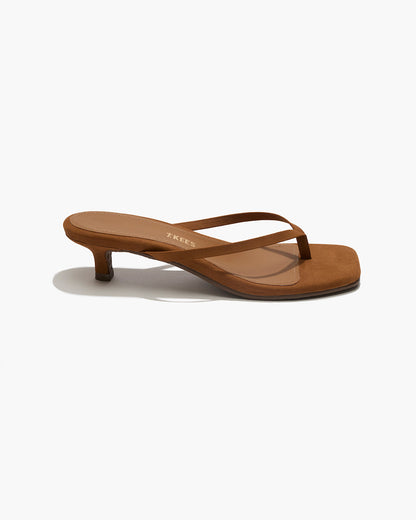 Square Toe Julia Suede Flip Flops in Camel - TKEES