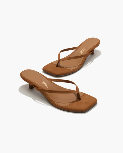 Square Toe Julia Suede Flip Flops in Camel - TKEES