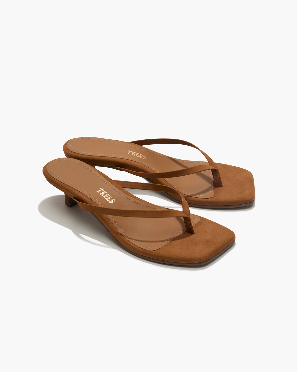 Square Toe Julia Suede Flip Flops in Camel - TKEES